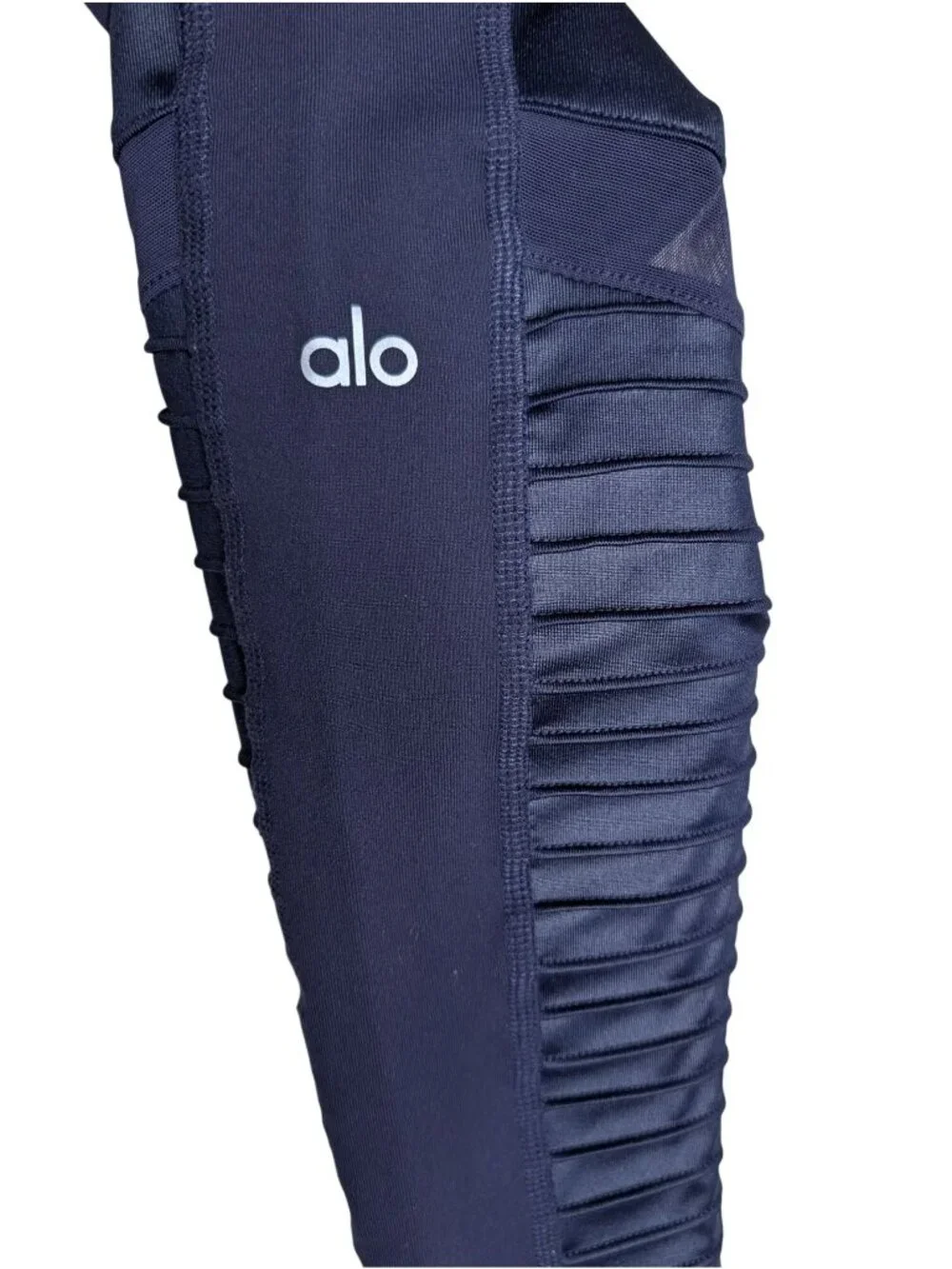 Alo Yoga Moto Leggings Womens Size M Navy Blue Athletic Athleisure Stretch Mesh